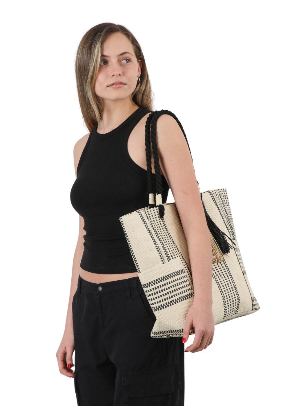 Cartera Tote Ficus Tejida tipo rafia blanco Playa ID-3