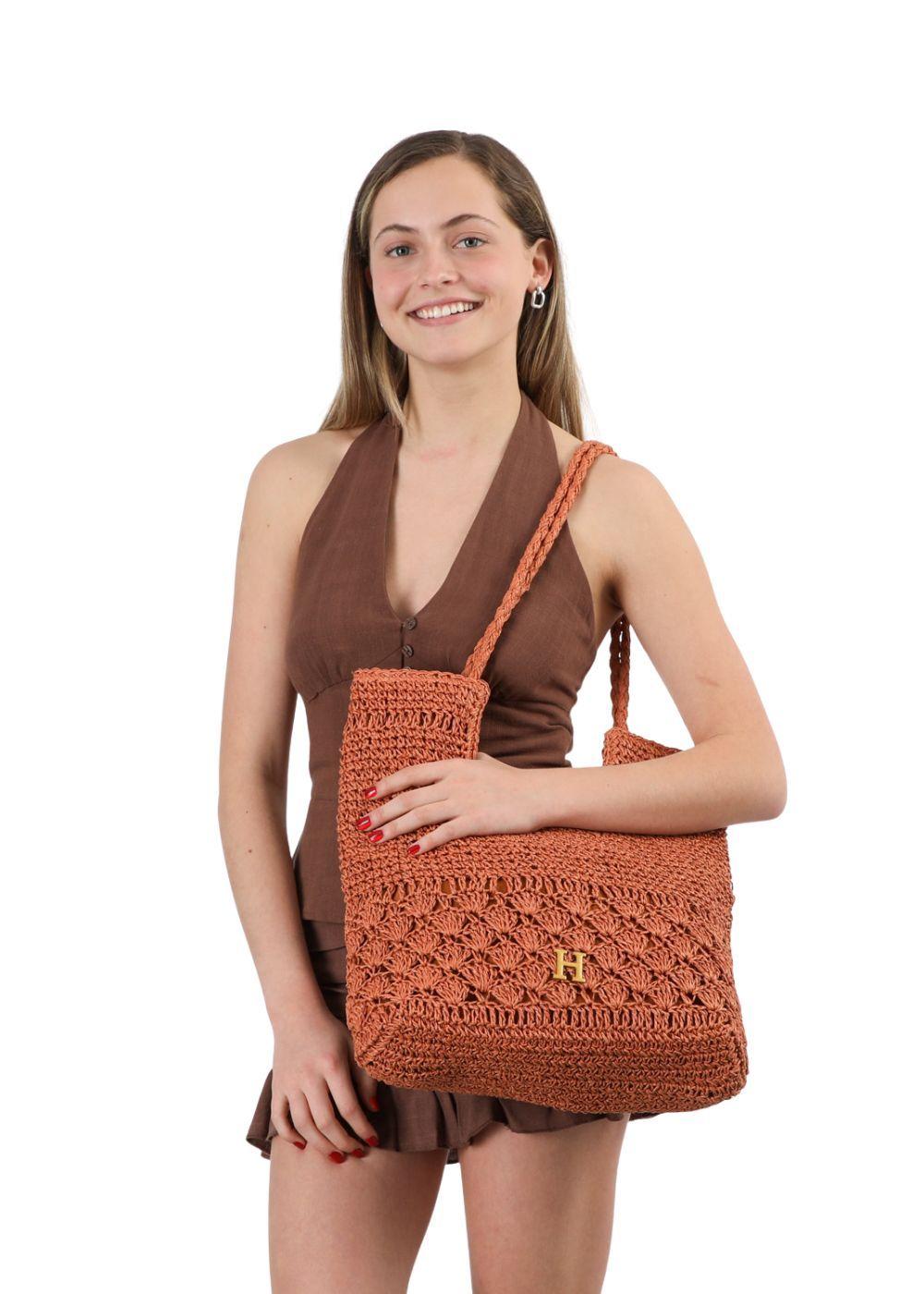 Cartera Tote Mia Tipo rafia tejida naranjo Playa Humana-3