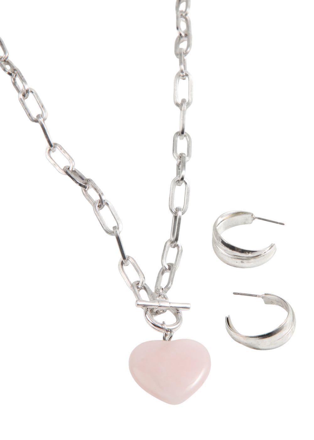 Set de Collar y Aros Pink Heart Plateado Humana-0