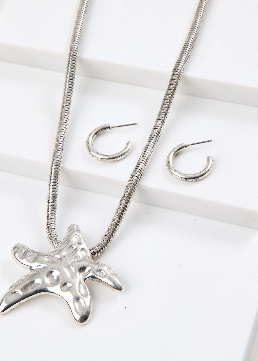 Set De Collar Drop Plateado Humana-0