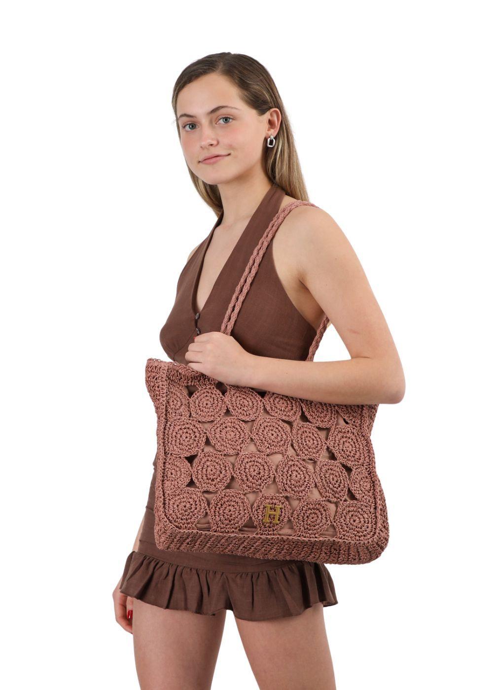 Cartera Tote Mila Tipo rafia tejida rosa Playa Humana-3