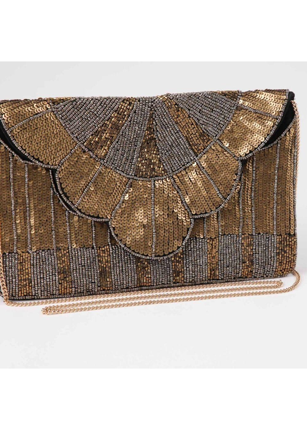 Cartera De Fiesta Mostacilla Abanico Dorado Humana-2