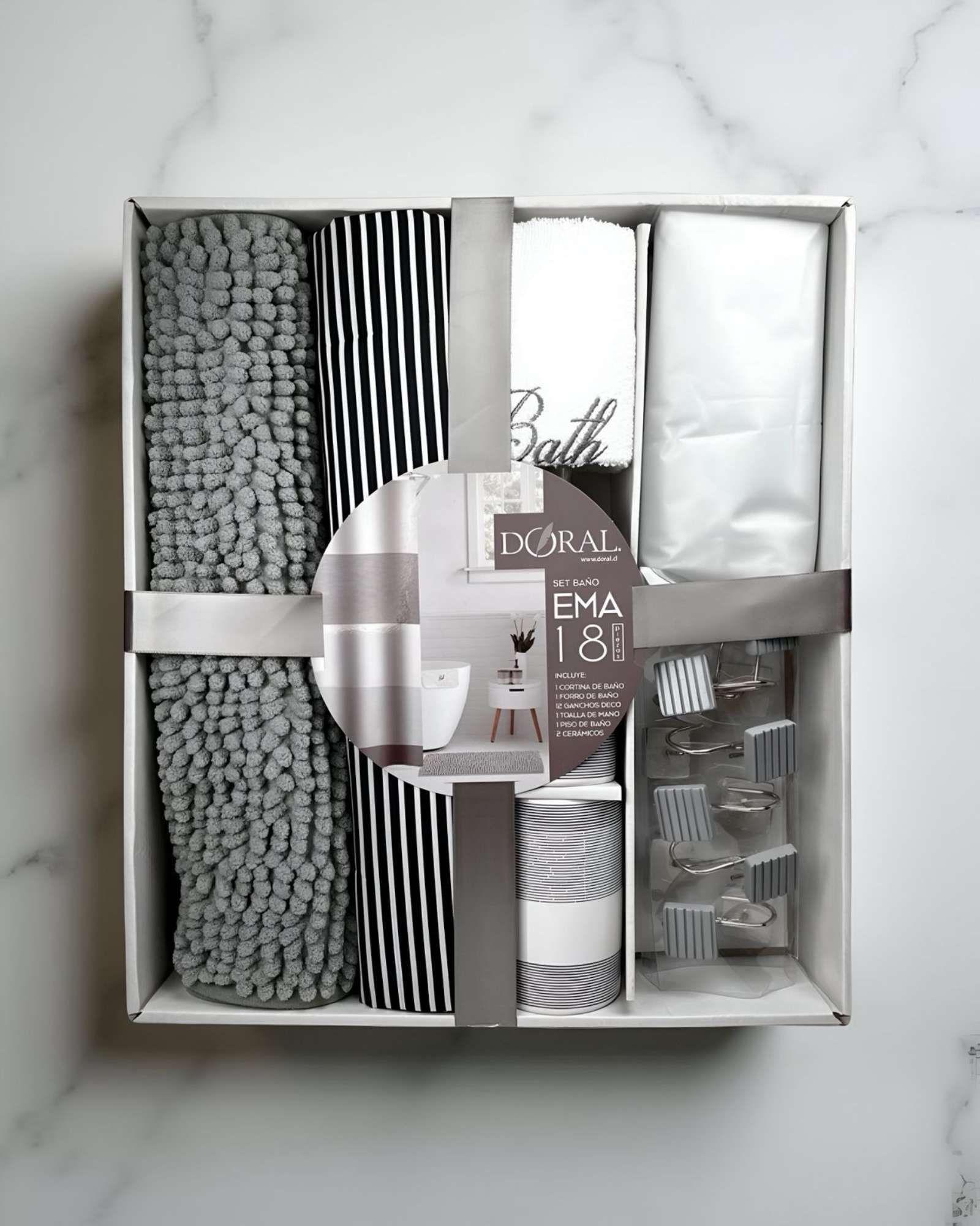 Set de Baño 18 Piezas Cortina, Alfombra, Toalla y Jaboneras Doral A12-2