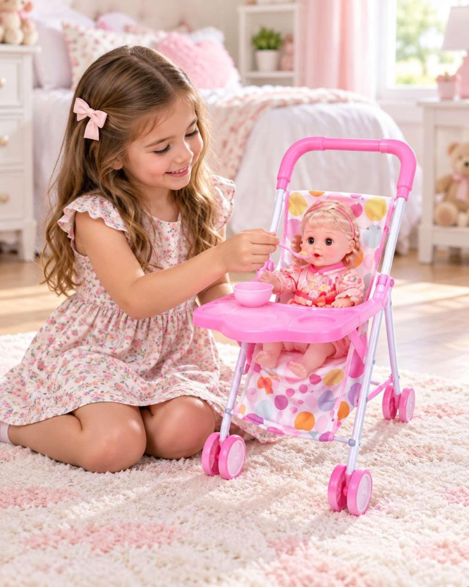 Muñeca Bebe Con Sonidos Y Cochecito Plegable Regalo Infantil Niñas-3