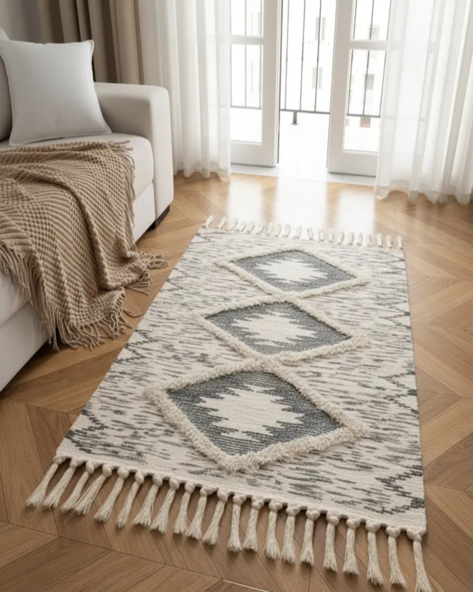 Alfombra de Lino Bajada de Cama estilo Boho medida 60 cm x 90 cm A3-2