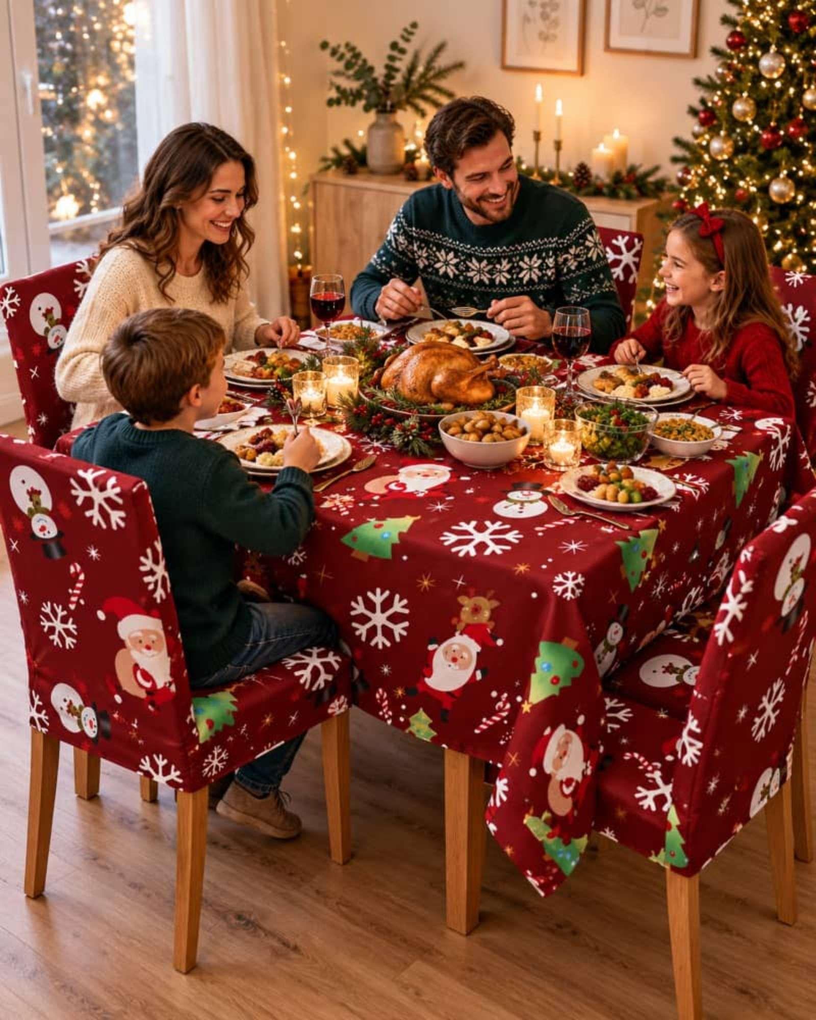 Set Navideño 7 Piezas Mantel 140x220 Y Fundas Para Sillas-0