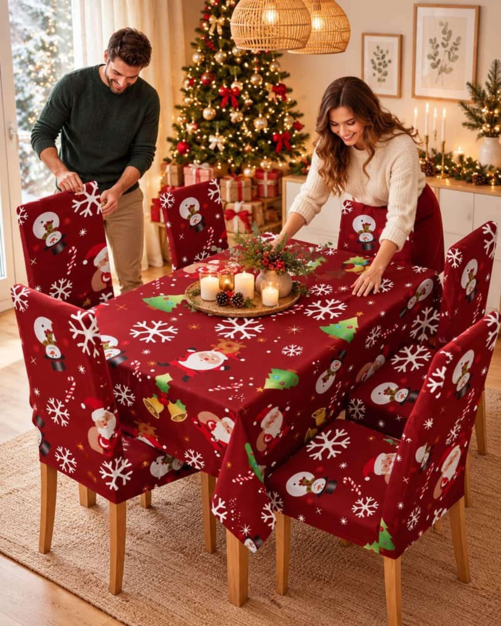 Set Navideño 7 Piezas Mantel 140x220 Y Fundas Para Sillas-2