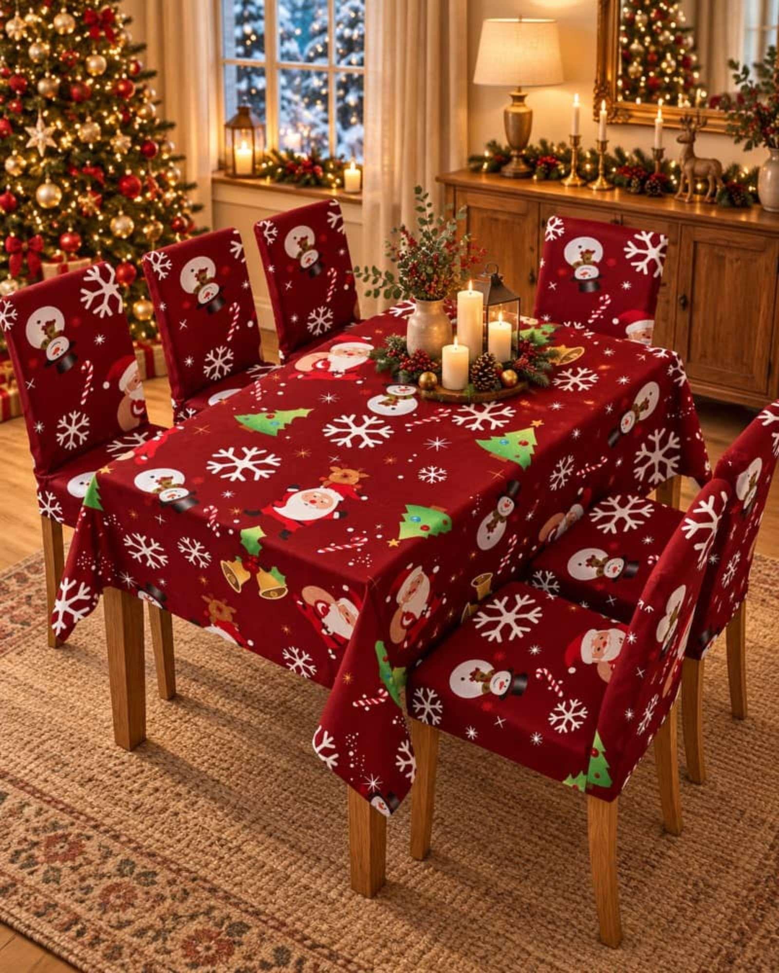 Set Navideño 7 Piezas Mantel 140x220 Y Fundas Para Sillas-5