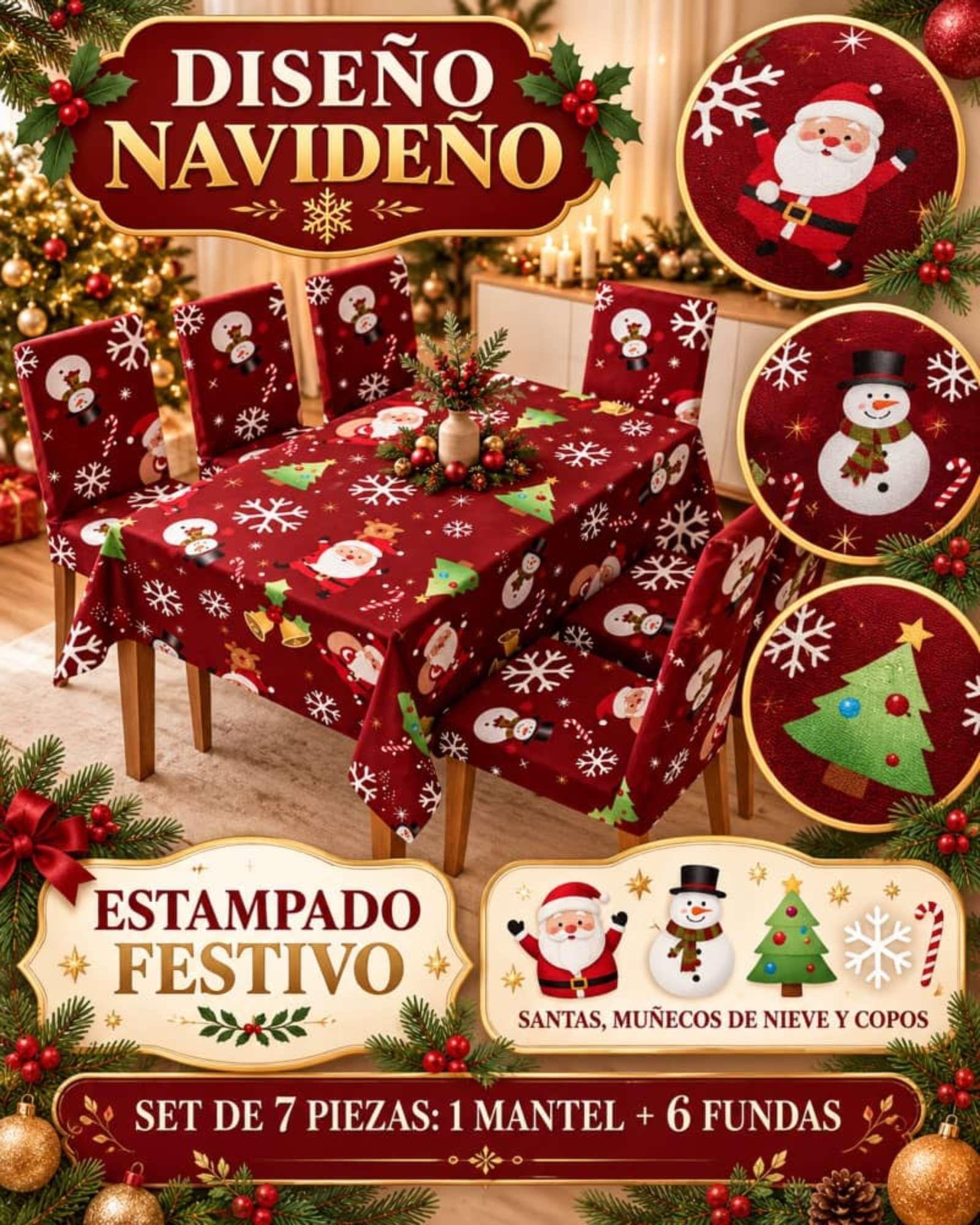 Set Navideño 7 Piezas Mantel 140x220 Y Fundas Para Sillas-6