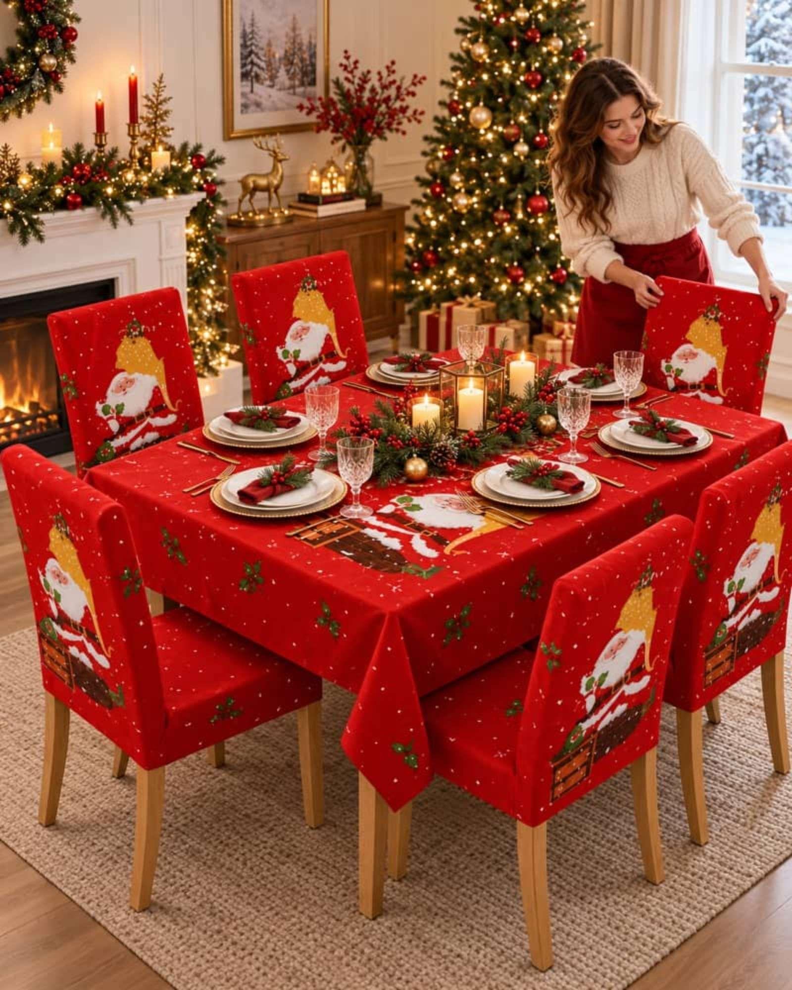 Set Navideño 7 Piezas Mantel 140x220 Y Fundas Para Sillas-1