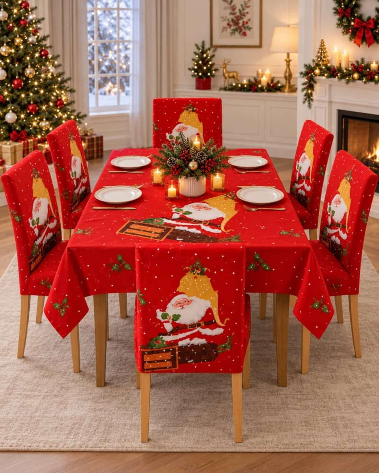 Set Navideño 7 Piezas Mantel 140x220 Y Fundas Para Sillas-2
