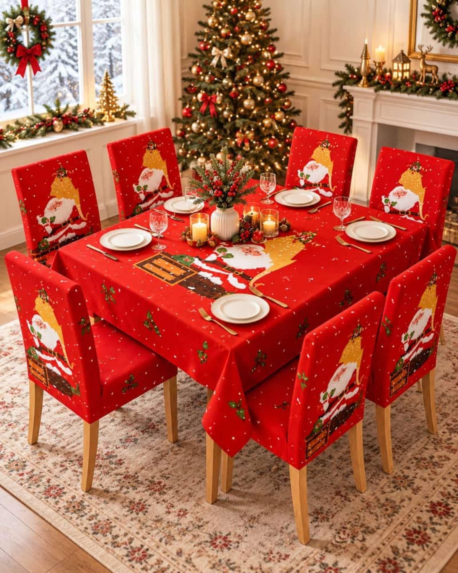 Set Navideño 7 Piezas Mantel 140x220 Y Fundas Para Sillas-3