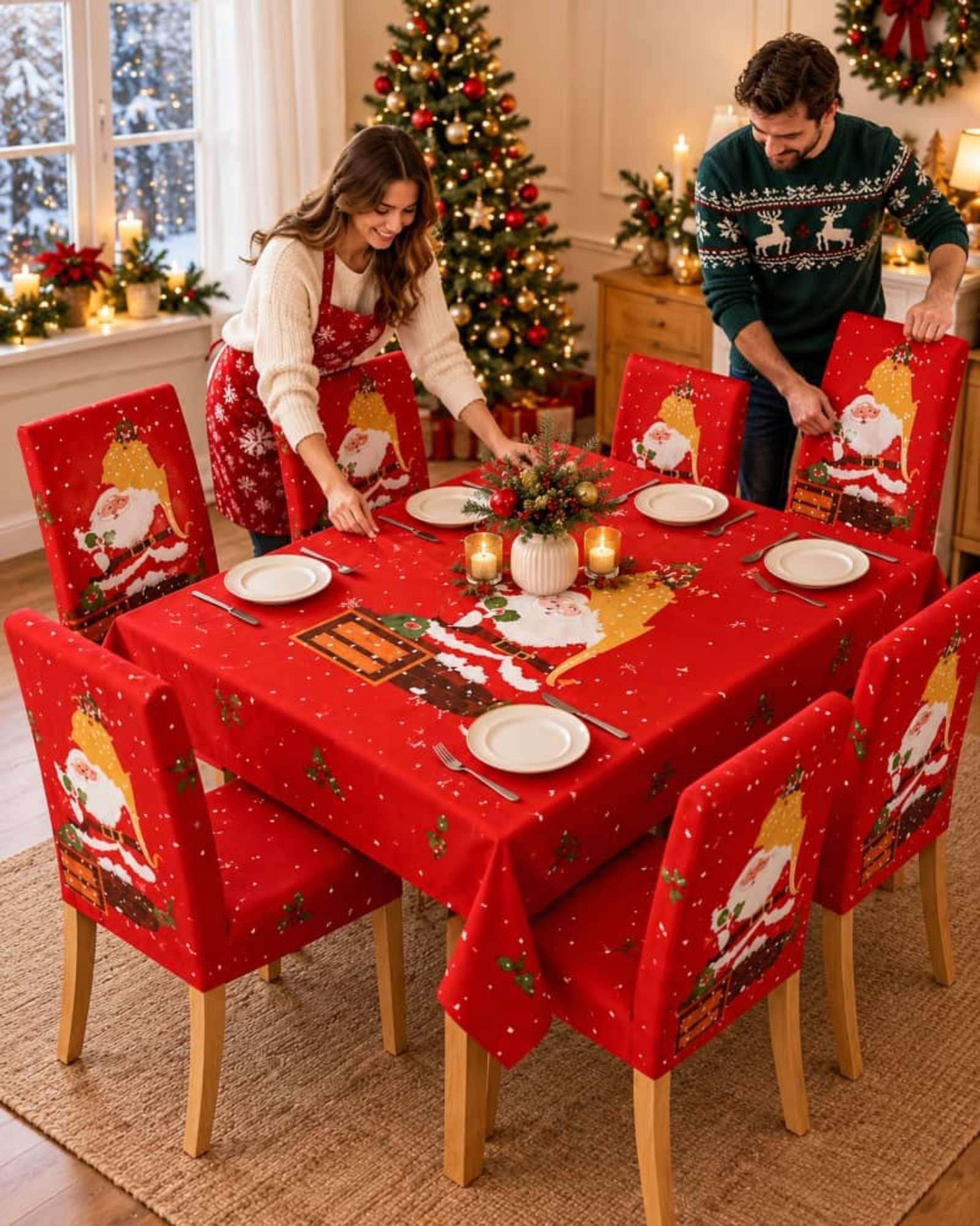 Set Navideño 7 Piezas Mantel 140x220 Y Fundas Para Sillas-4