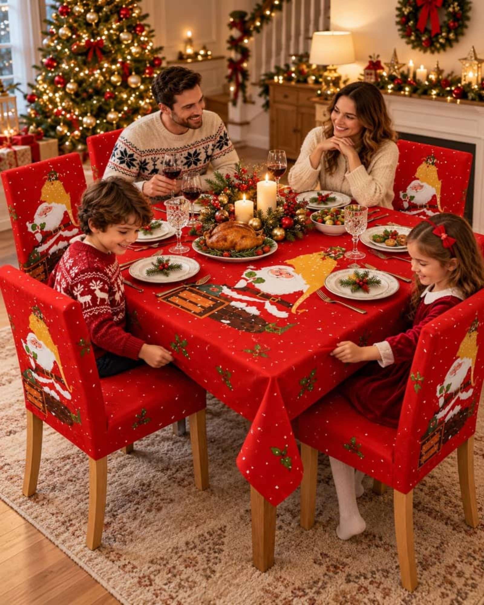 Set Navideño 7 Piezas Mantel 140x220 Y Fundas Para Sillas-5