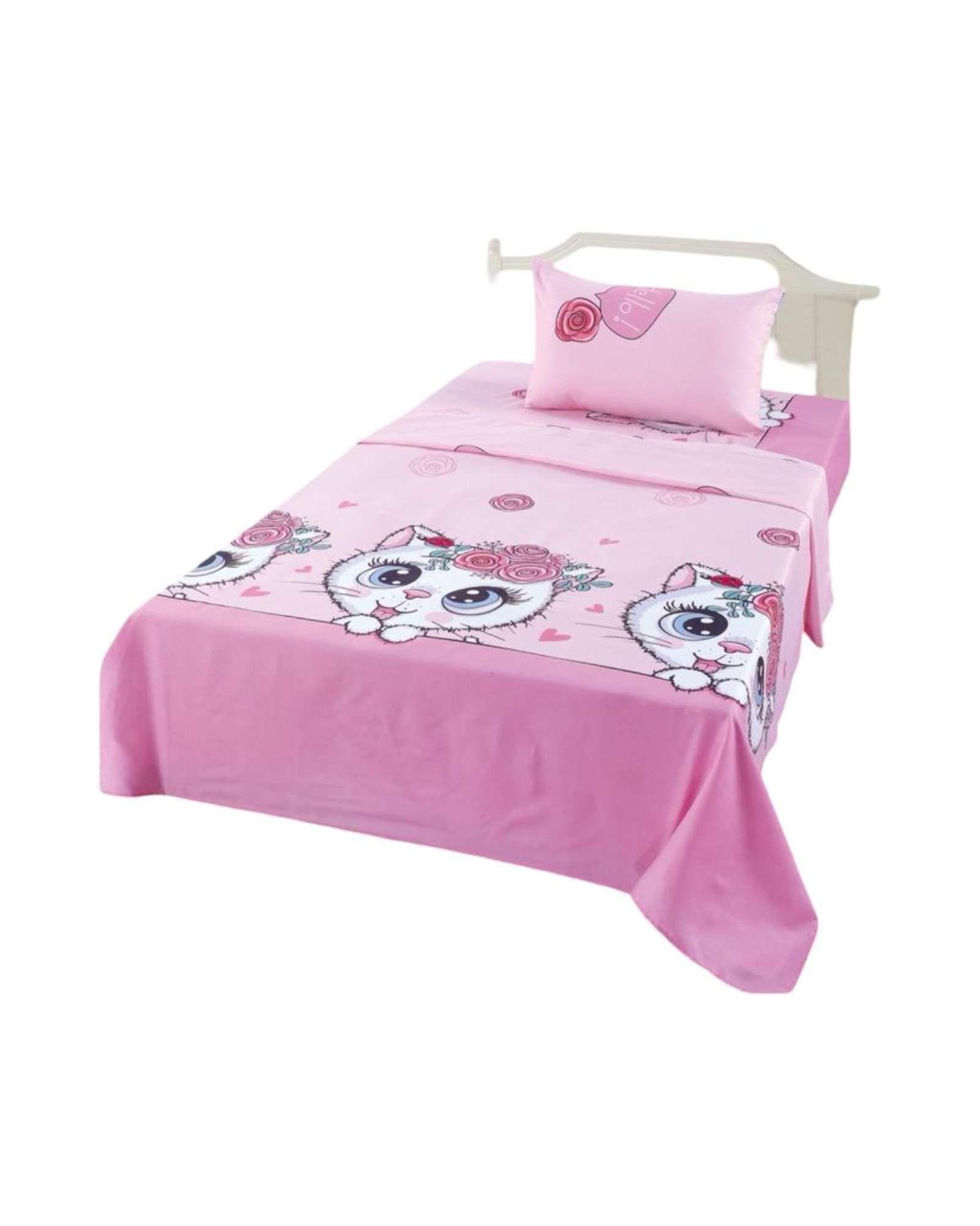 Juego de Sabanas de verano Gatita niña Infantil plaza y media  MAS 1 ALMOHADA -0