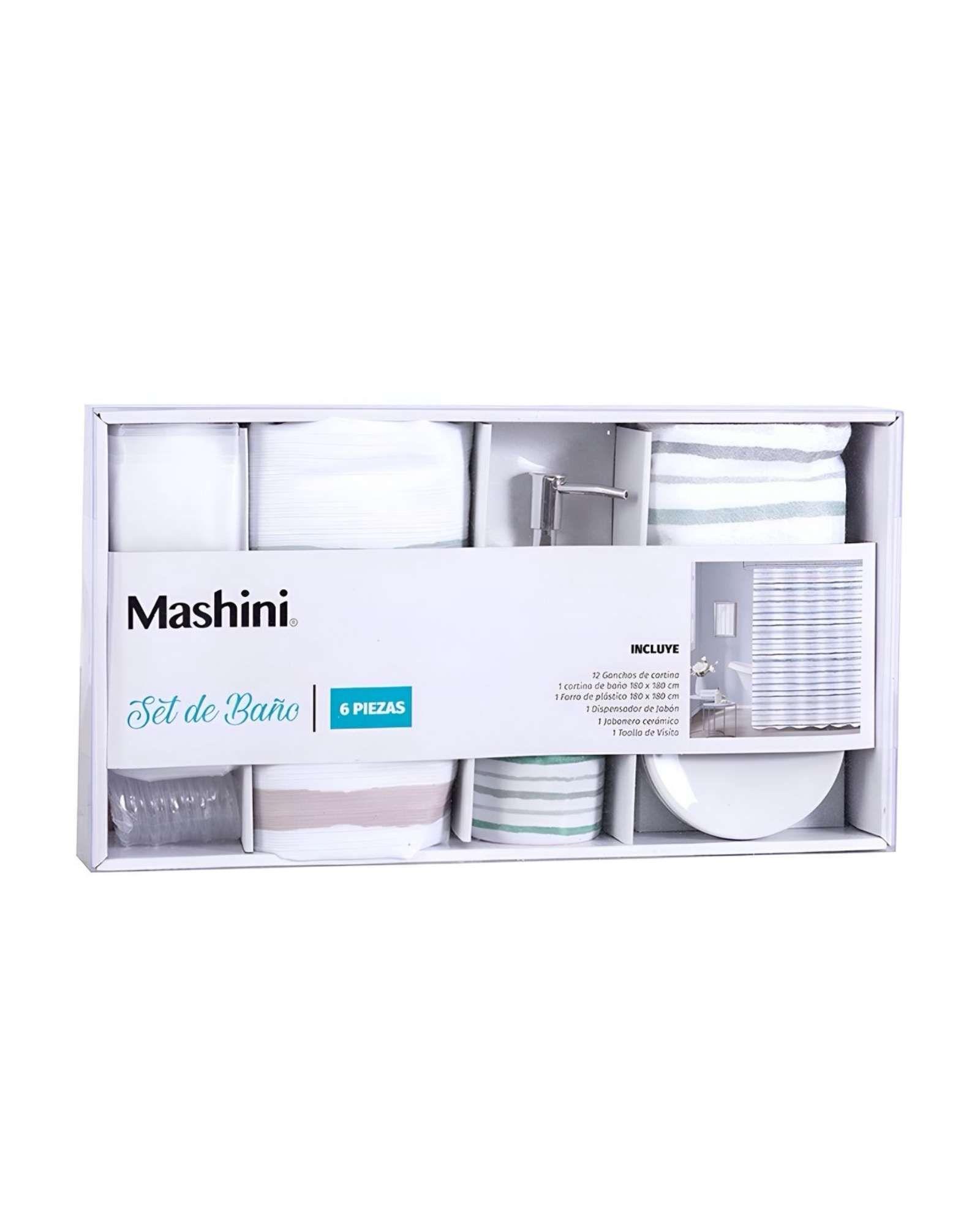Set de Baño en Caja 6 Piezas Cortina, Toalla y Jaboneras Mashini A05-2