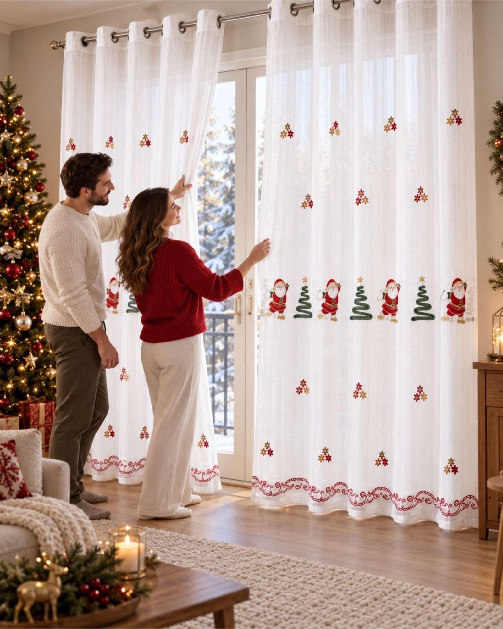 Set 2 Paños Cortina Visillo Navideña 180 x 230 cm con Ojales-4
