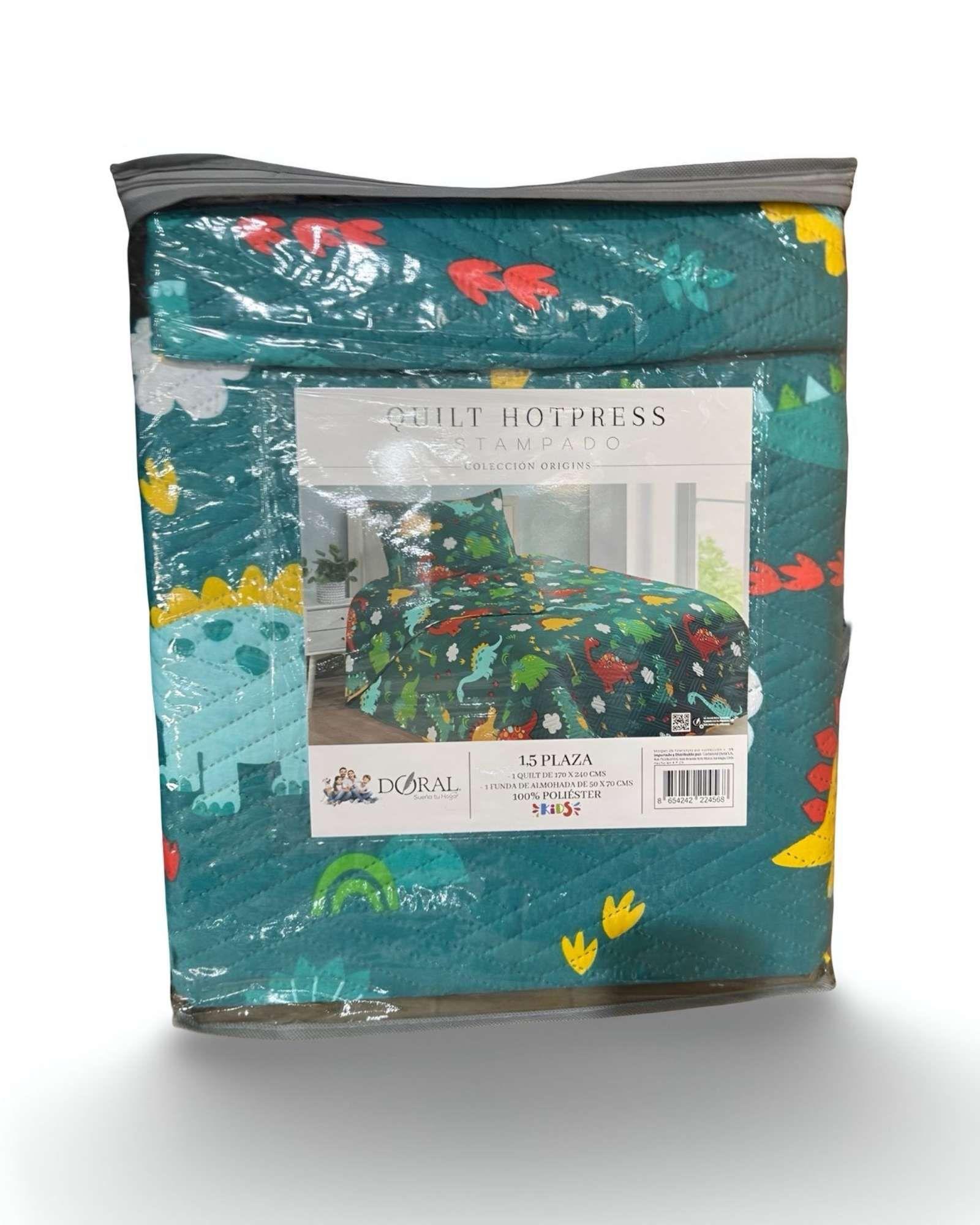 CUBRECAMA QUILT PRIMAVERA VERANO VERDE DINOSAURIO PLAZA Y MEDIA-3
