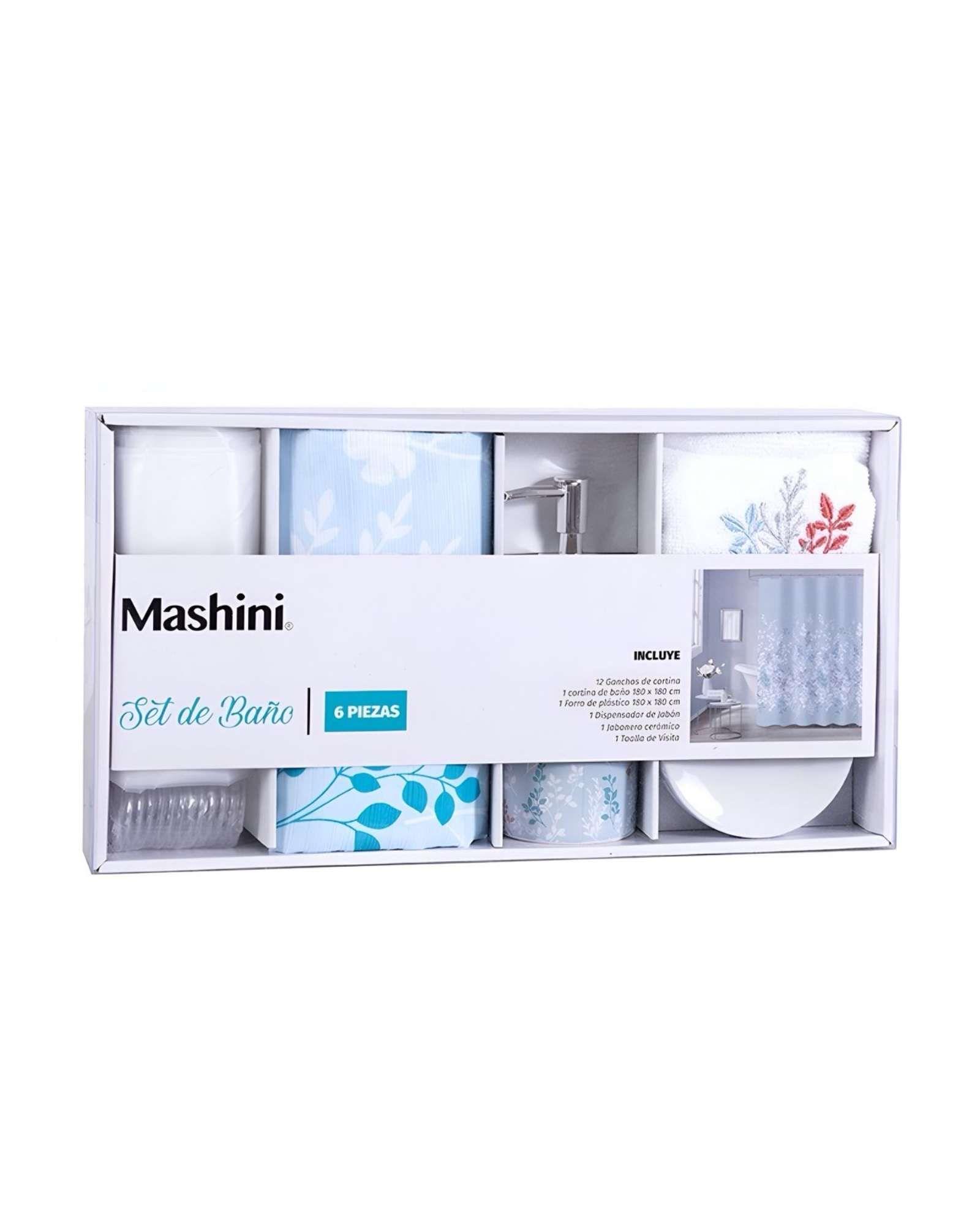 Set de Baño en Caja 6 Piezas Cortina, Toalla y Jaboneras Mashini A09-2