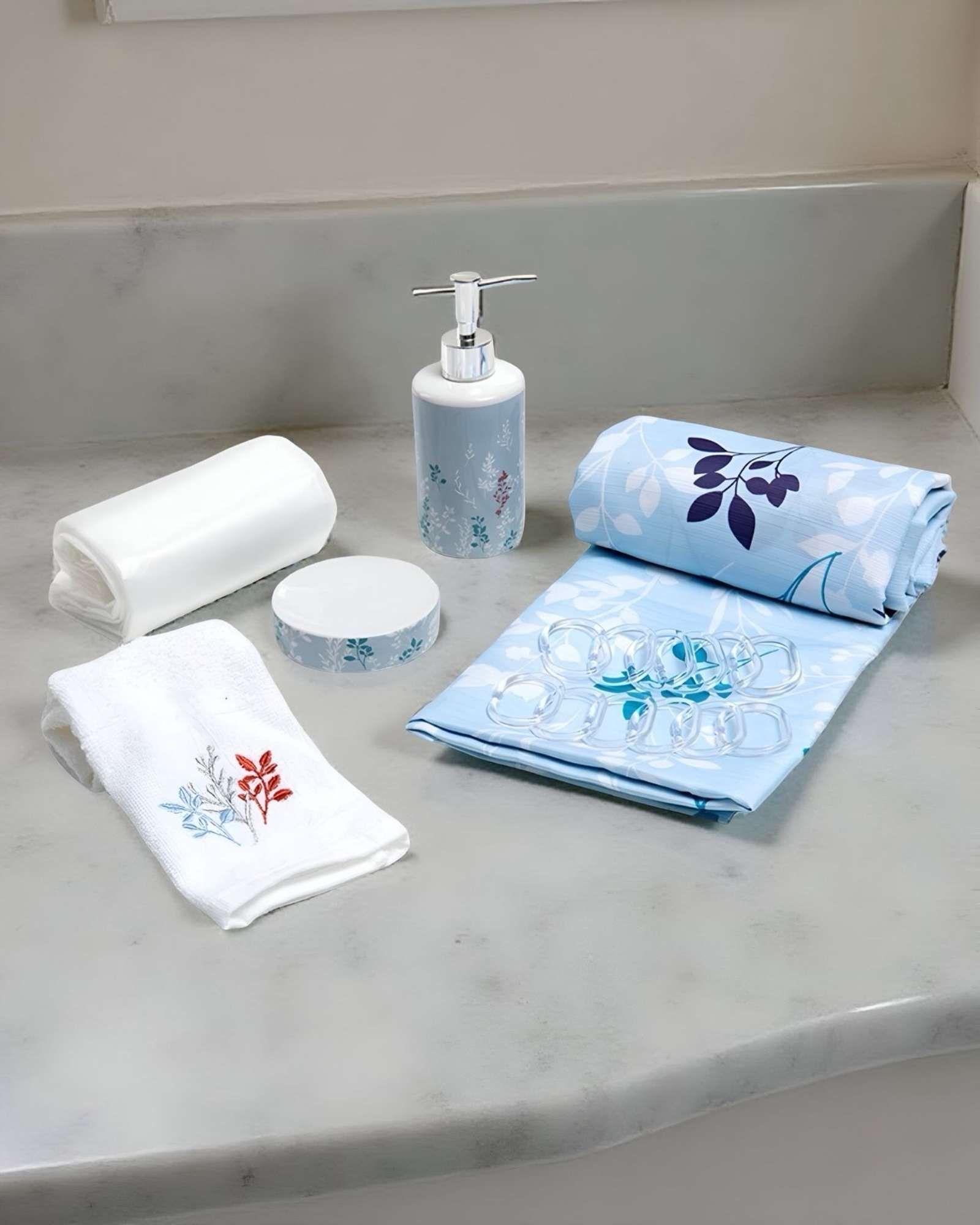 Set de Baño en Caja 6 Piezas Cortina, Toalla y Jaboneras Mashini A09-3