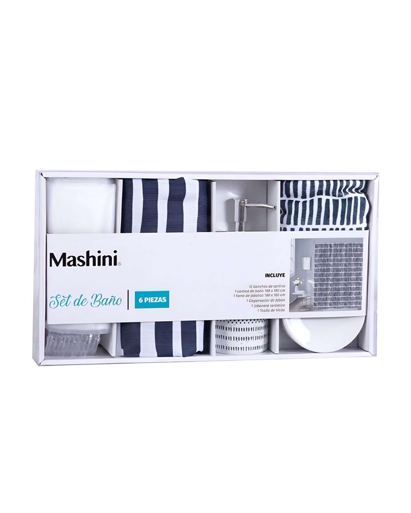 Set de Baño en Caja 6 Piezas Cortina, Toalla y Jaboneras Mashini A08-2