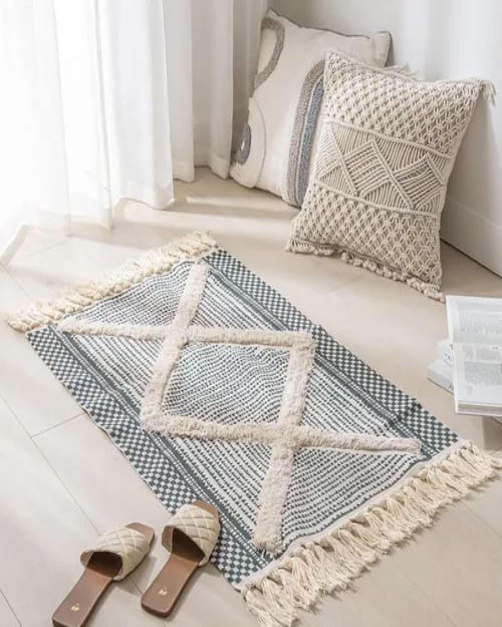 Pack de 2 Alfombra de Lino Bajada de Cama estilo Boho medida 60 cm x 90 cm A2-4