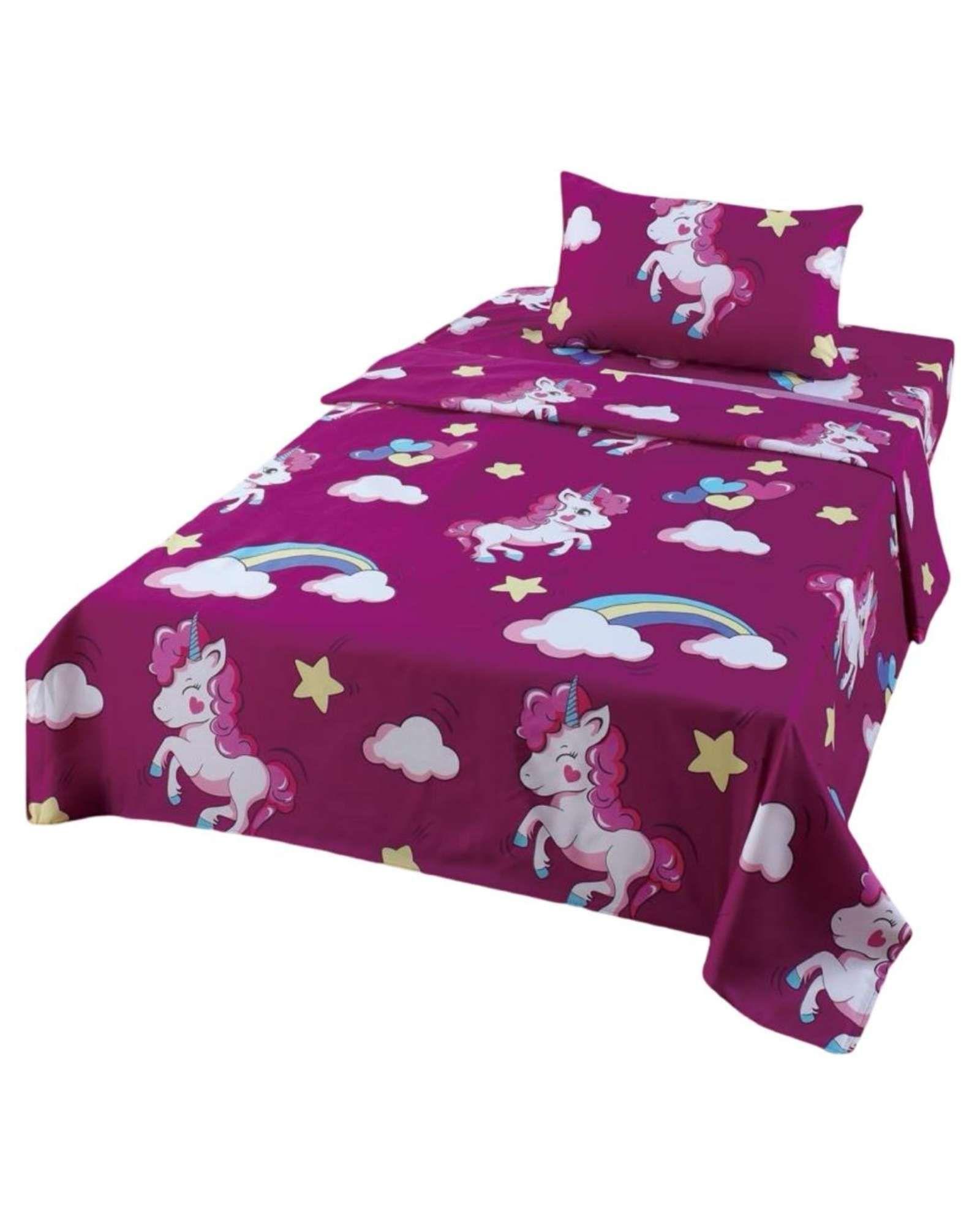Juego de Sabanas de verano Unicornio niña Infantil plaza y media  MAS 1 ALMOHADA  -0