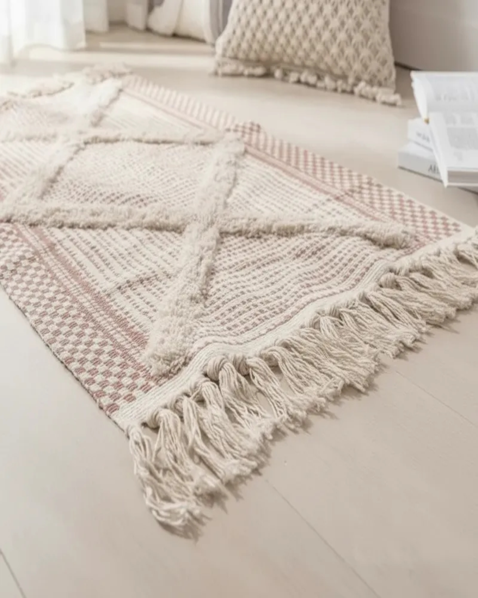 Alfombra de Lino Bajada de Cama estilo Boho medida 60 cm x 90 cm A1-2