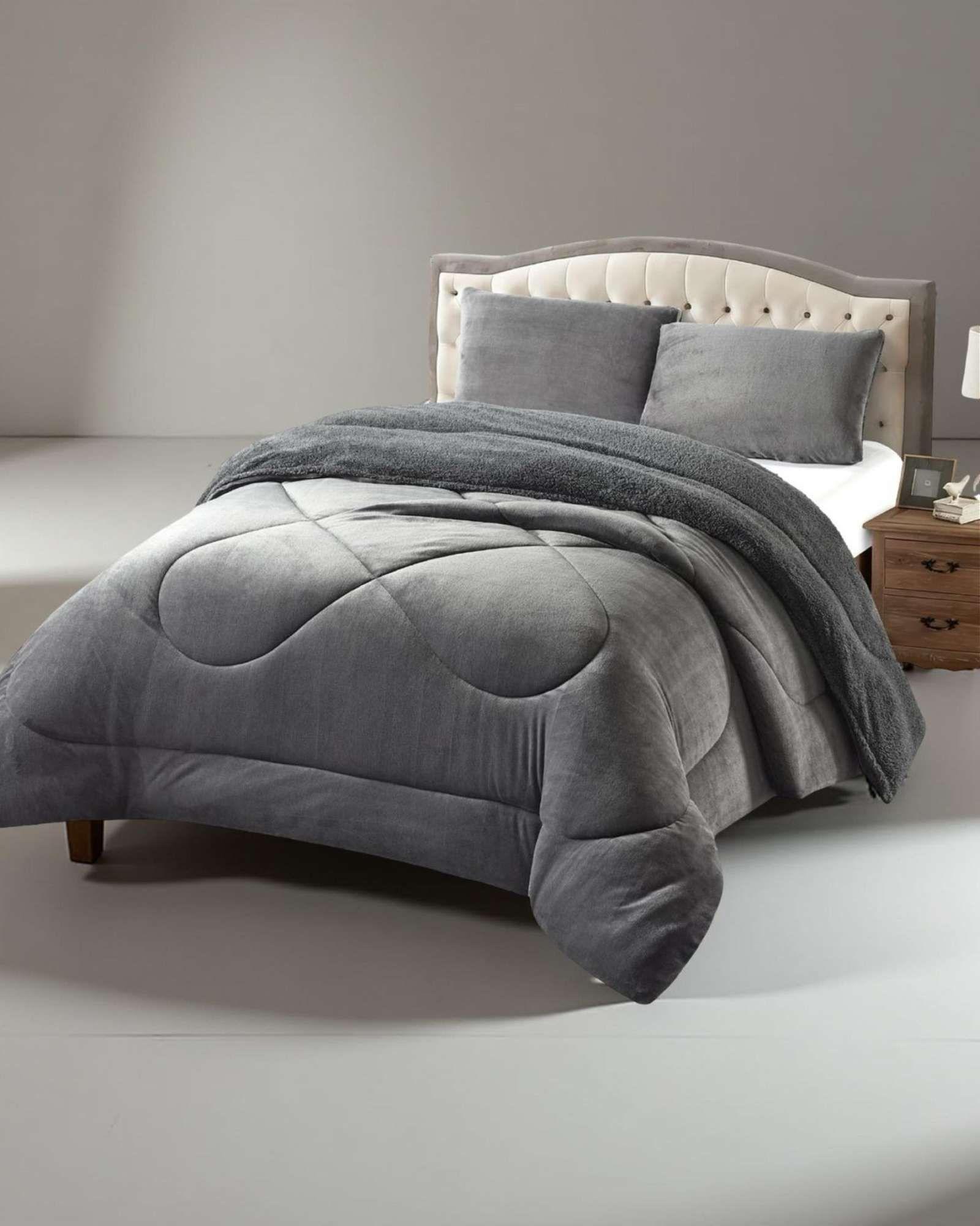 Cubrecama plush con chiporro Acolchado liso 2 plazas gris-1