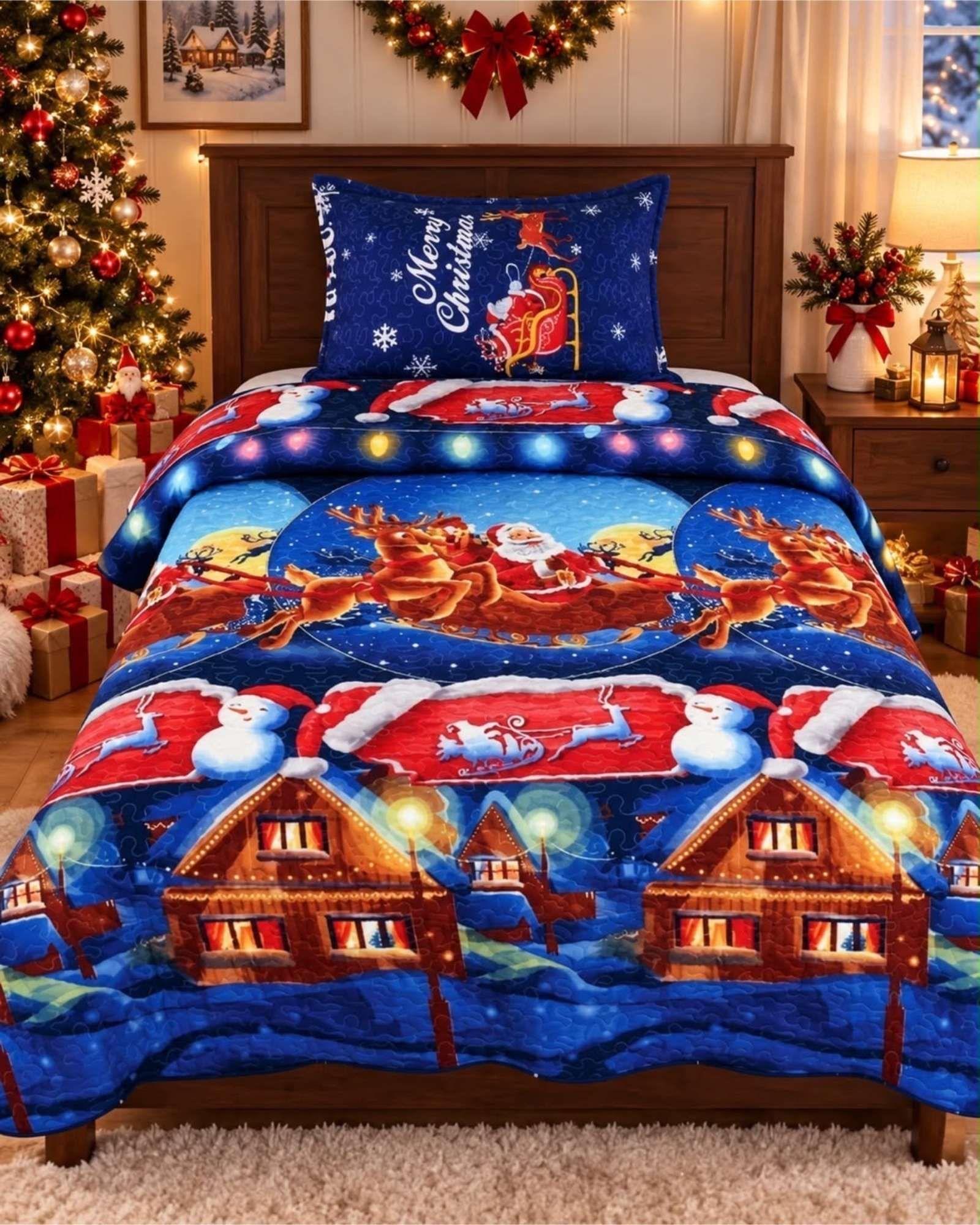 Cubrecama Quilt Navideño Plaza Y Media Mas Funda C1-0