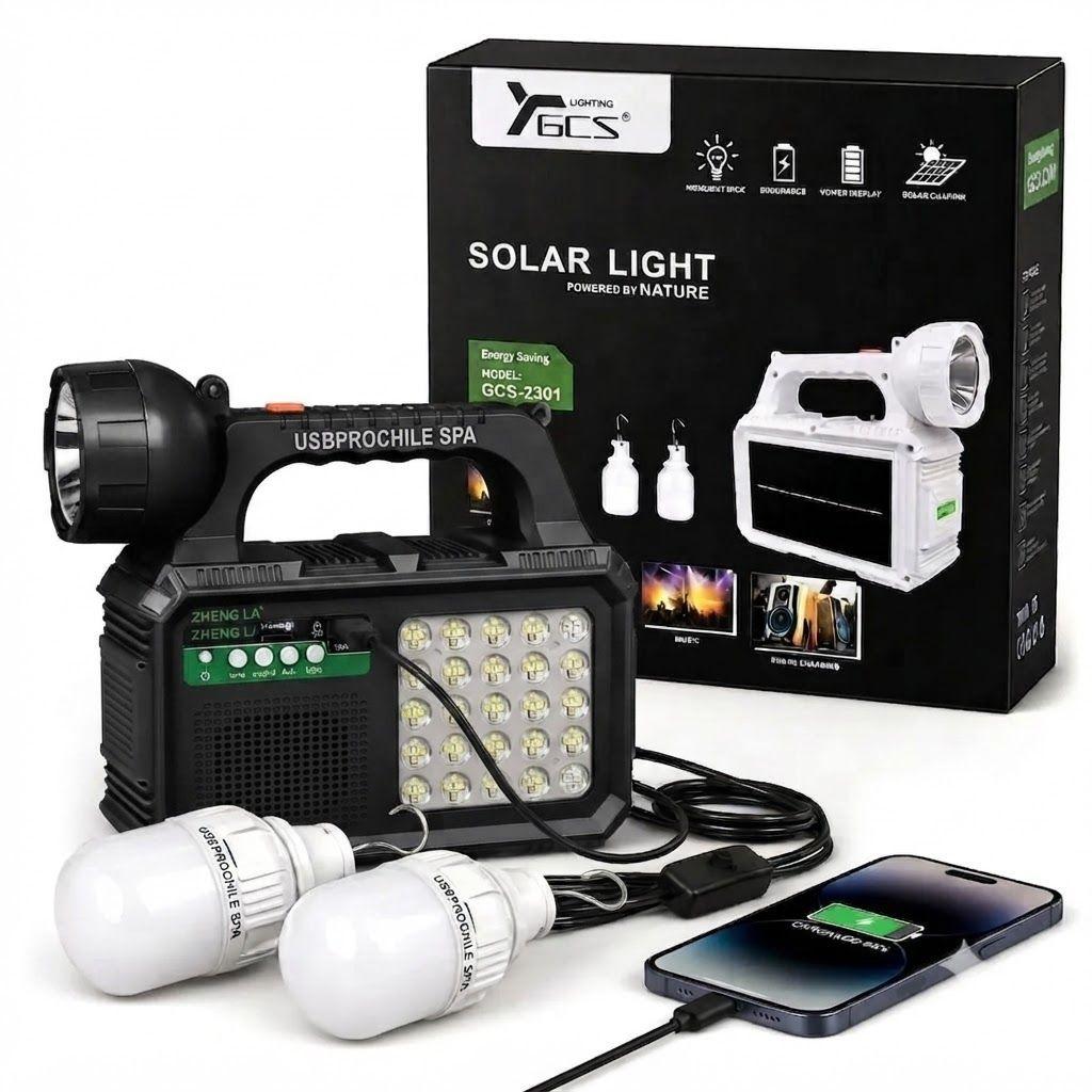 Kit Emergencia Solar Recargable Tipo C Radio Mp3 + 2 Ampolletas Negro-0