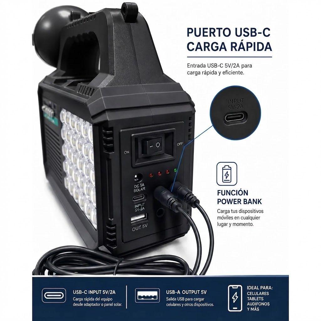 Kit Emergencia Solar Recargable Tipo C Radio Mp3 + 2 Ampolletas Negro-1