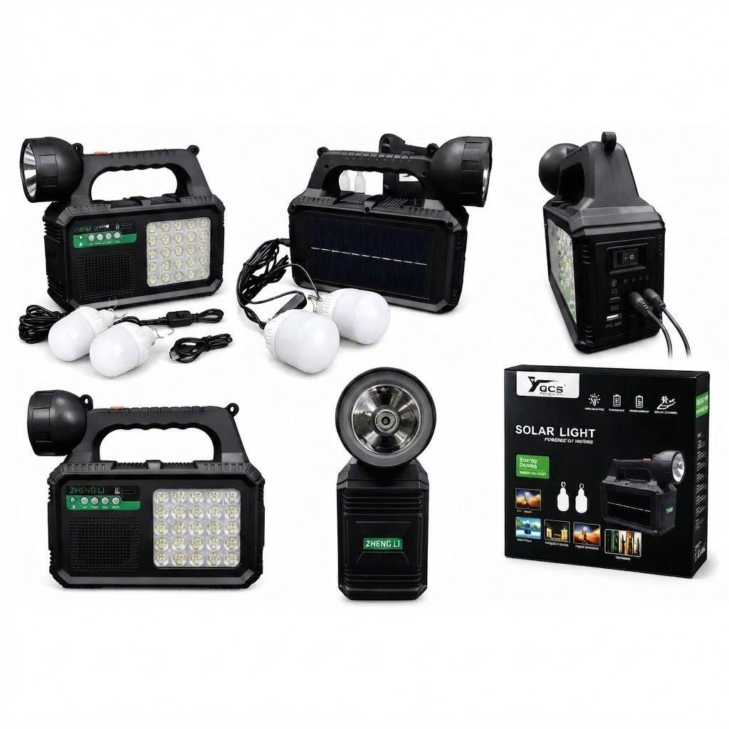 Kit Emergencia Solar Recargable Tipo C Radio Mp3 + 2 Ampolletas Negro-3