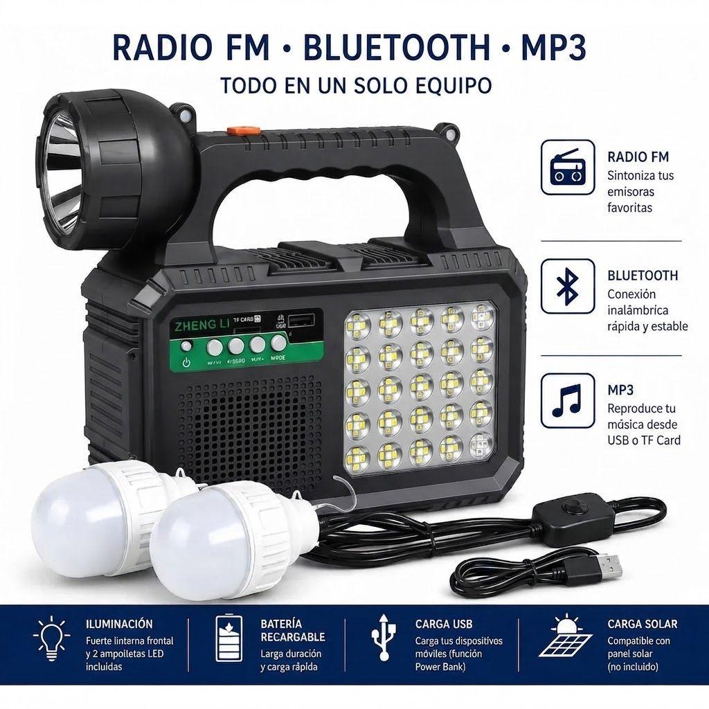 Kit Emergencia Solar Recargable Tipo C Radio Mp3 + 2 Ampolletas Negro-4