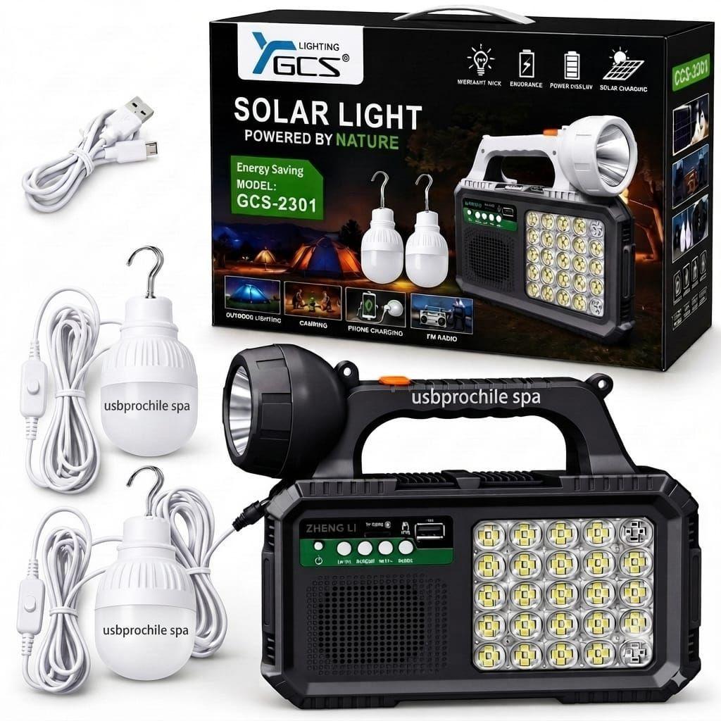 Kit Emergencia Solar Recargable Tipo C Radio Mp3 + 2 Ampolletas Negro-5