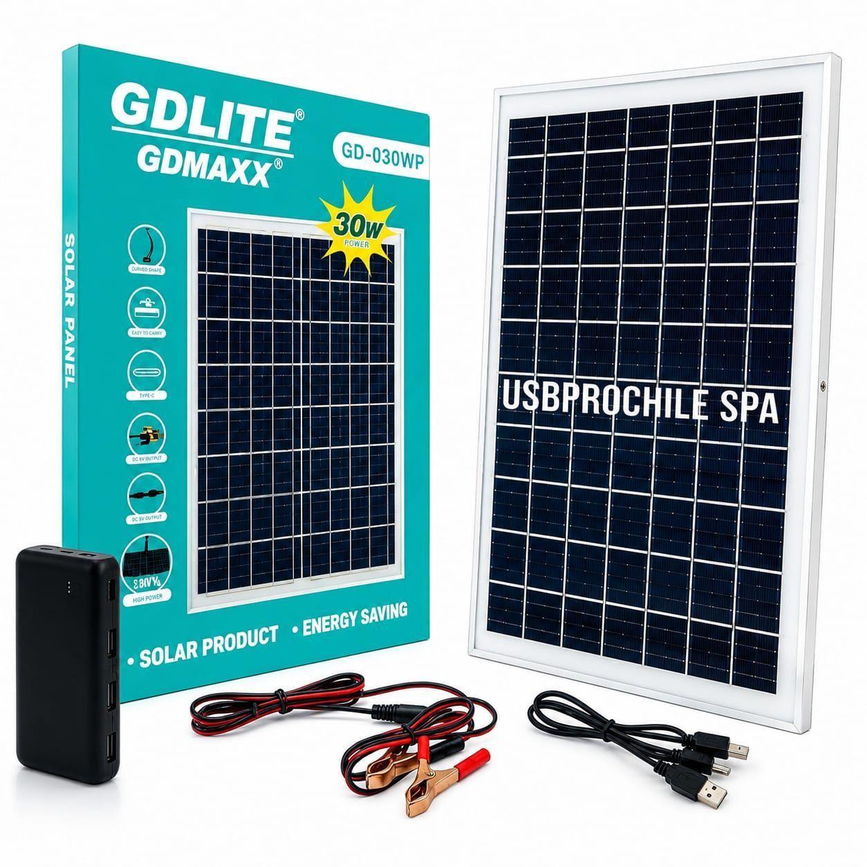 Panel Solar Portatil GD 030WP 30W con Kit Multicargador USB y Pinzas-4