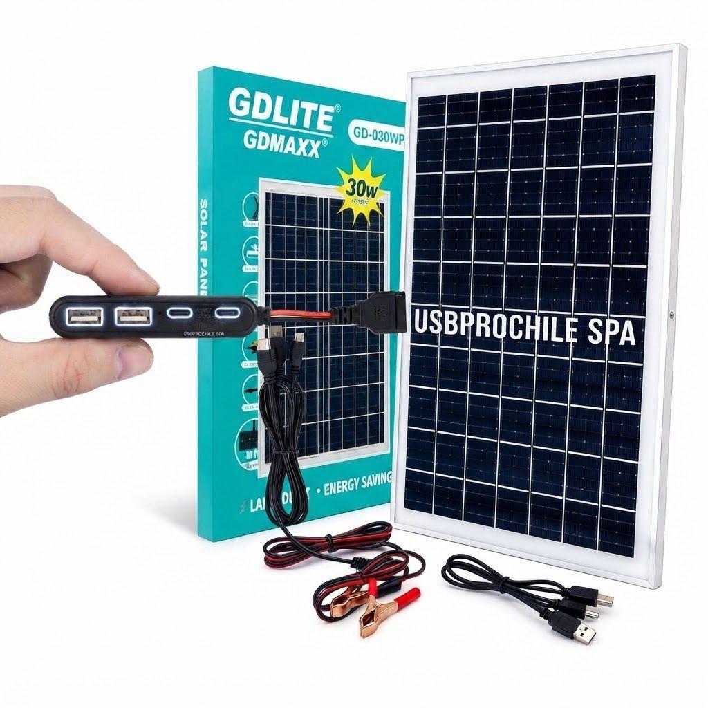 Panel Solar Portatil GD 030WP 30W con Kit Multicargador USB y Pinzas-5