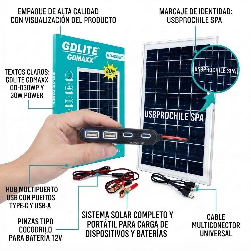 Panel Solar Portatil GD 030WP 30W con Kit Multicargador USB y Pinzas-6