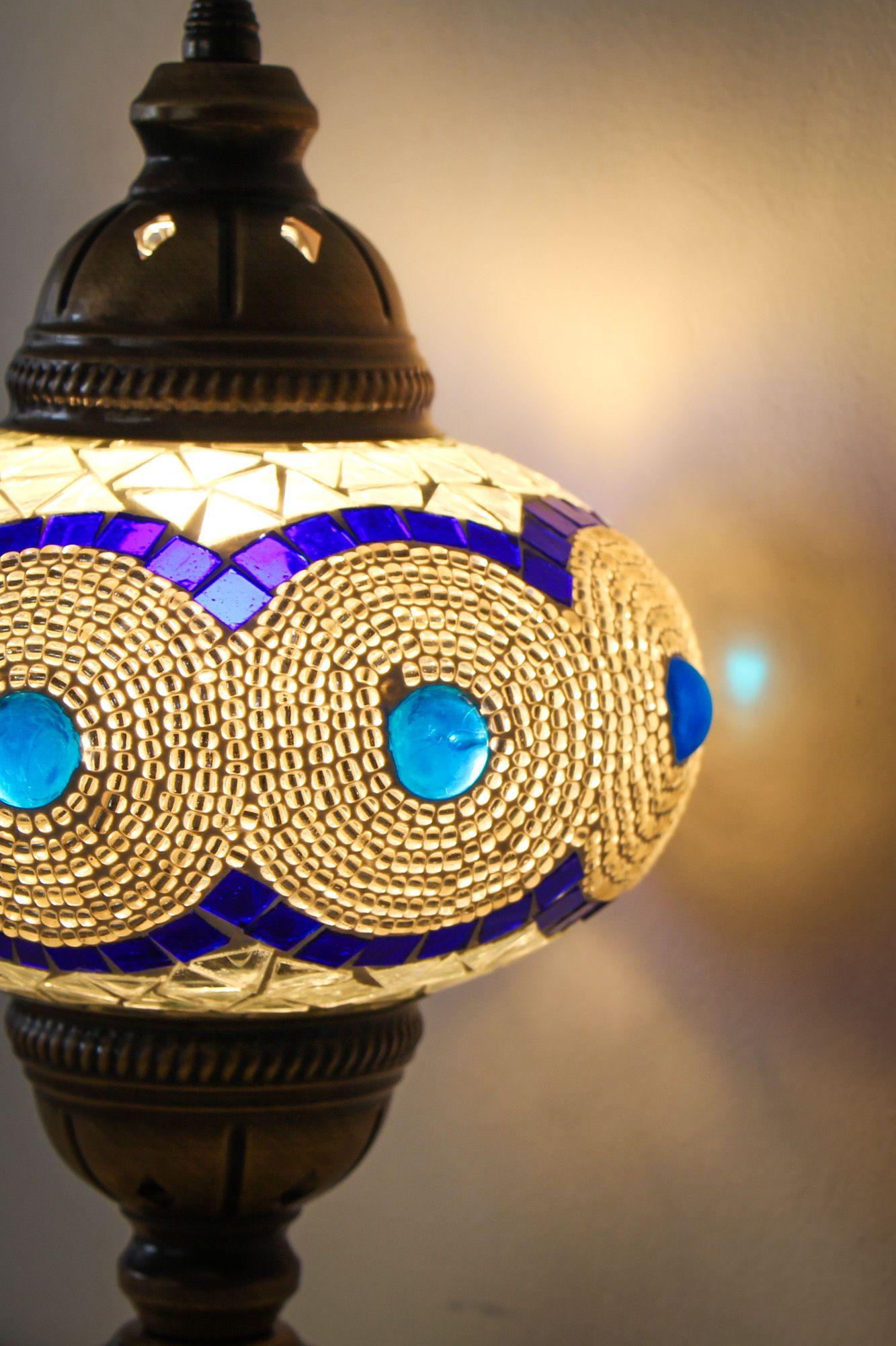 Lámpara turca de mesa M blanca y azul + ampolleta-2