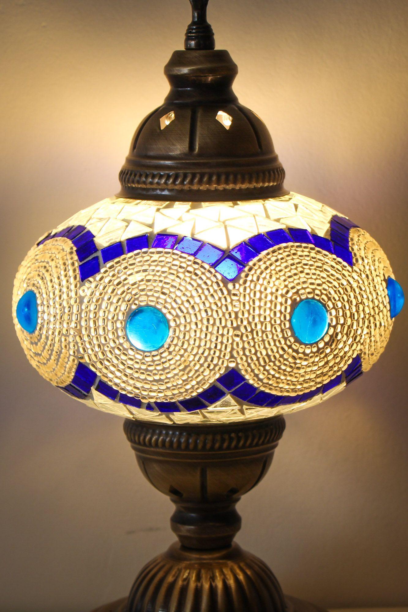 Lámpara turca de mesa M blanca y azul + ampolleta-3