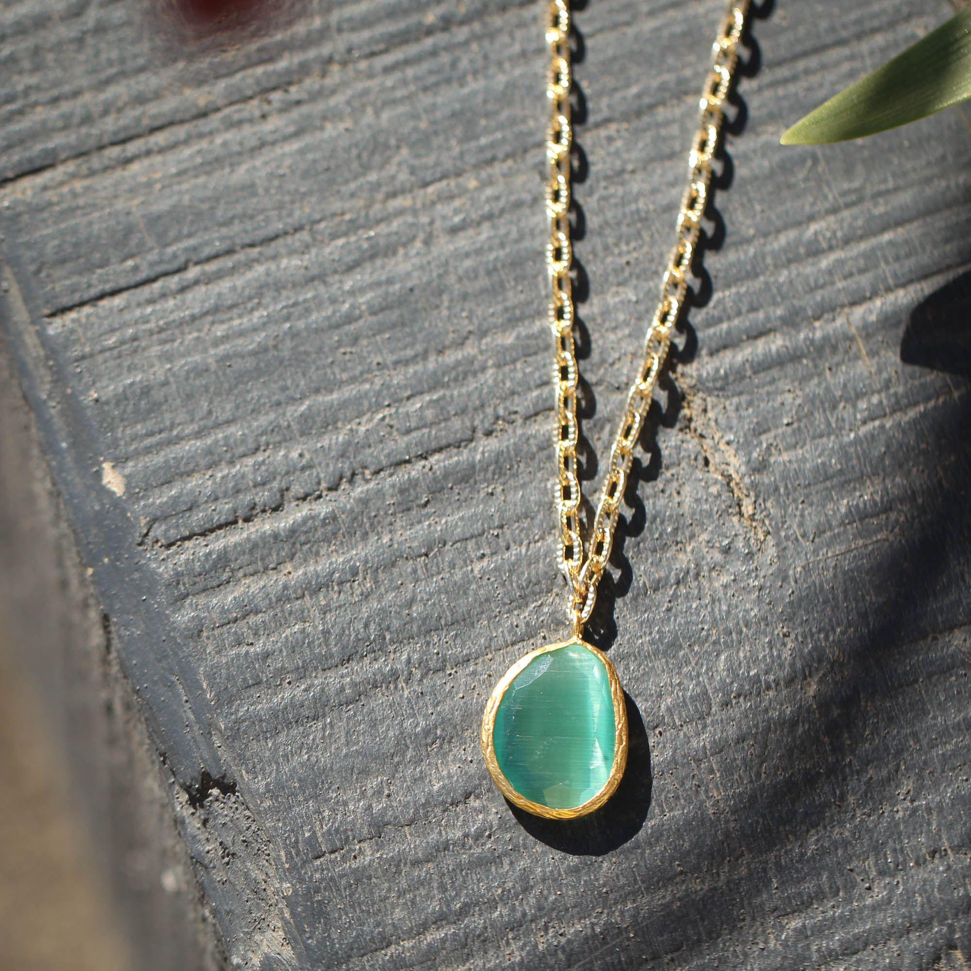 Collar Aura Verdeagua - Baño oro 22 k y ojo de gato -Turquía-2