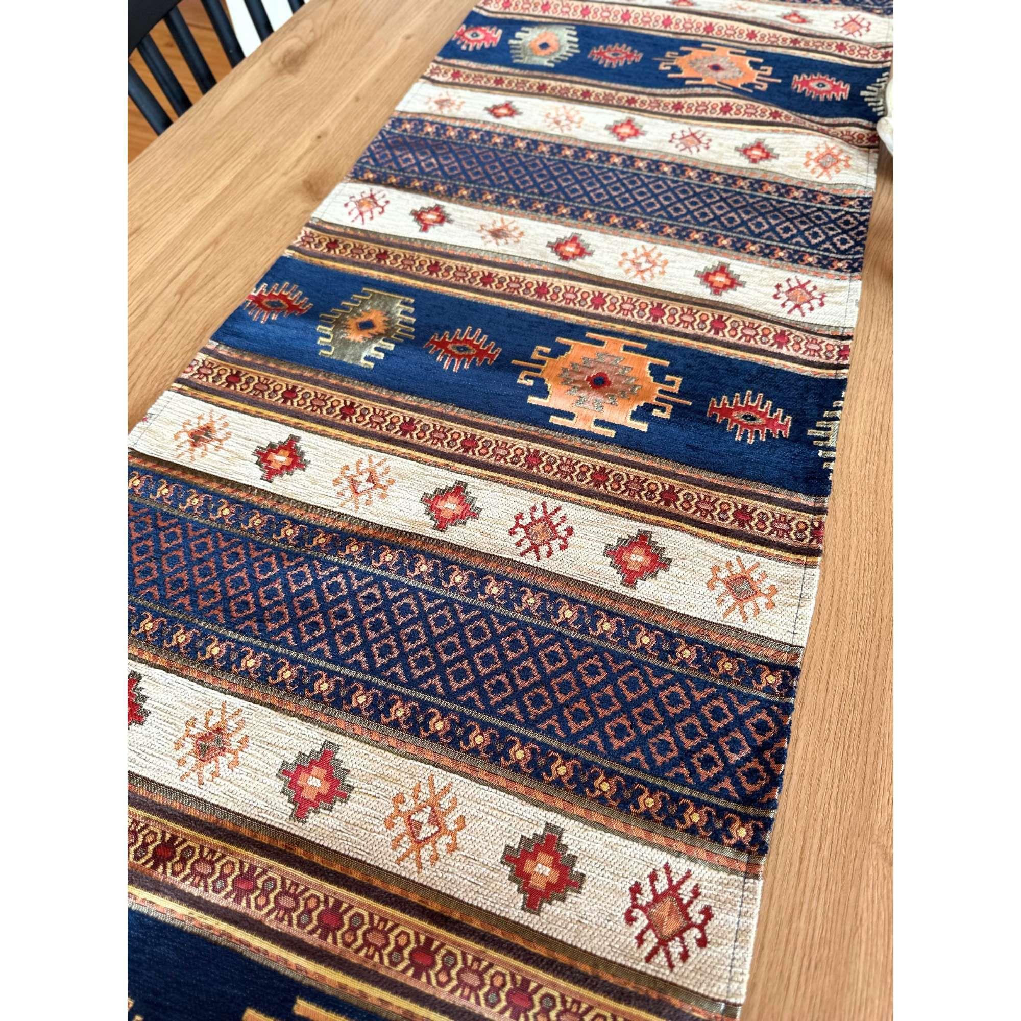 Camino de mesa 1,40 m kilim azul y blanco-3