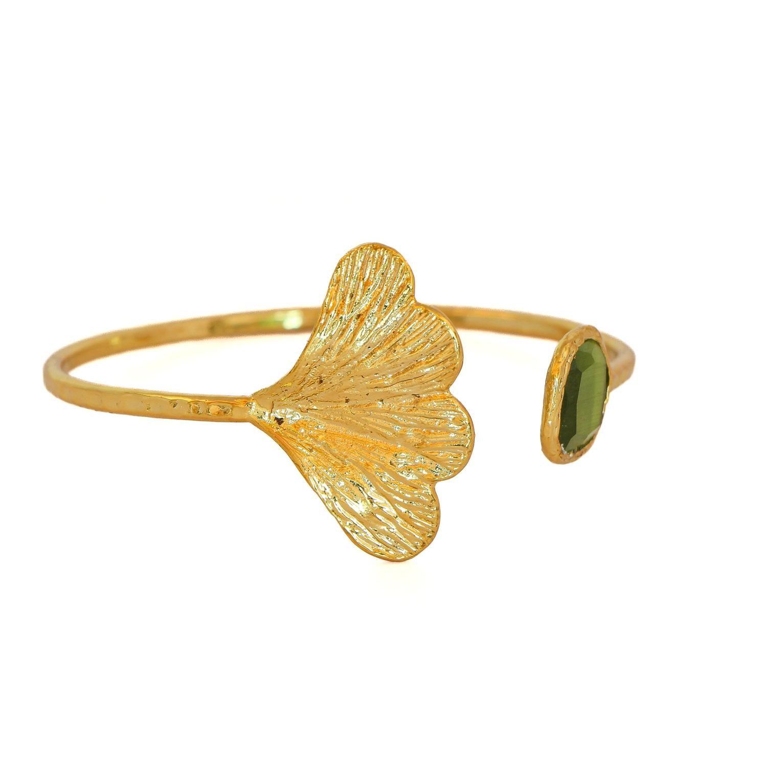 Esclava Ginkgo Verde oliva - Baño de oro 22k-3