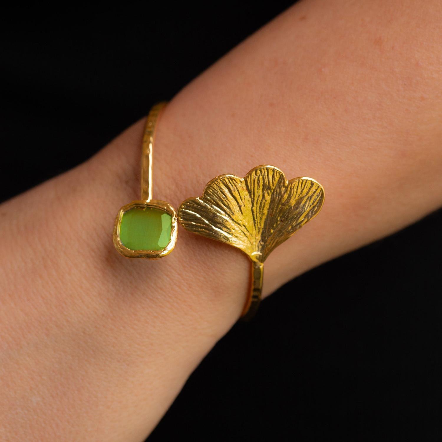 Esclava Ginkgo Verde oliva - Baño de oro 22k-4
