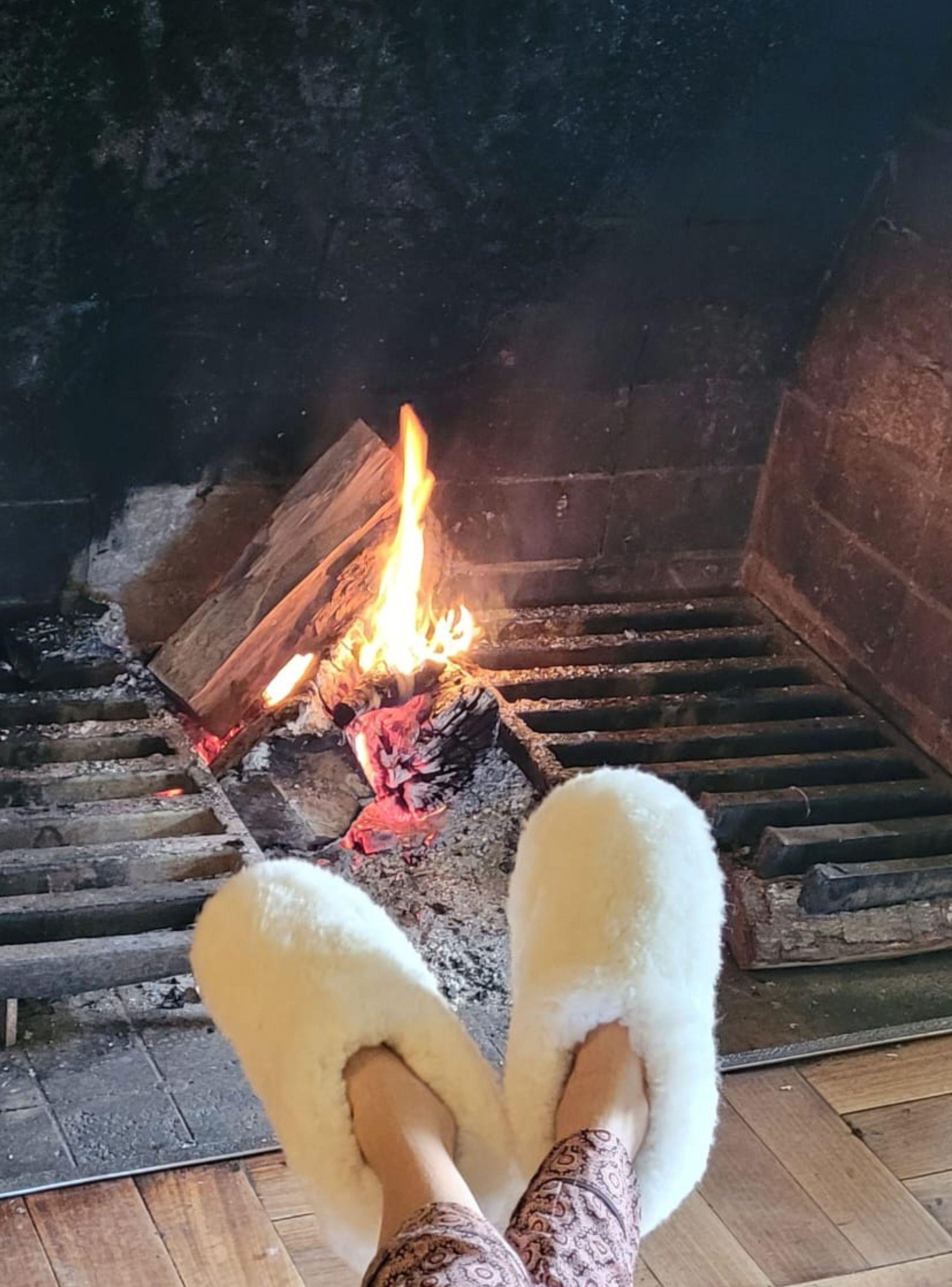 Pantufla de lana natural de oveja con doble piel blanca -3