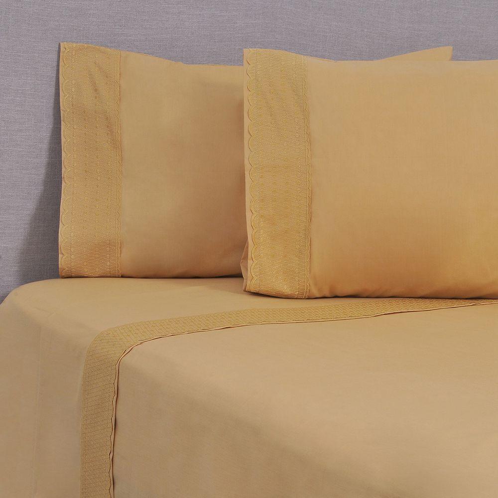 Sabana Lisa  Broderie Bordada 2 P Rombos Mostaza-0