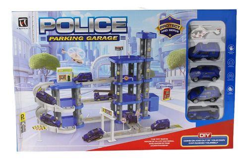 Mini Parking Garaje De Policía De Juguete Con Autos Azul-2
