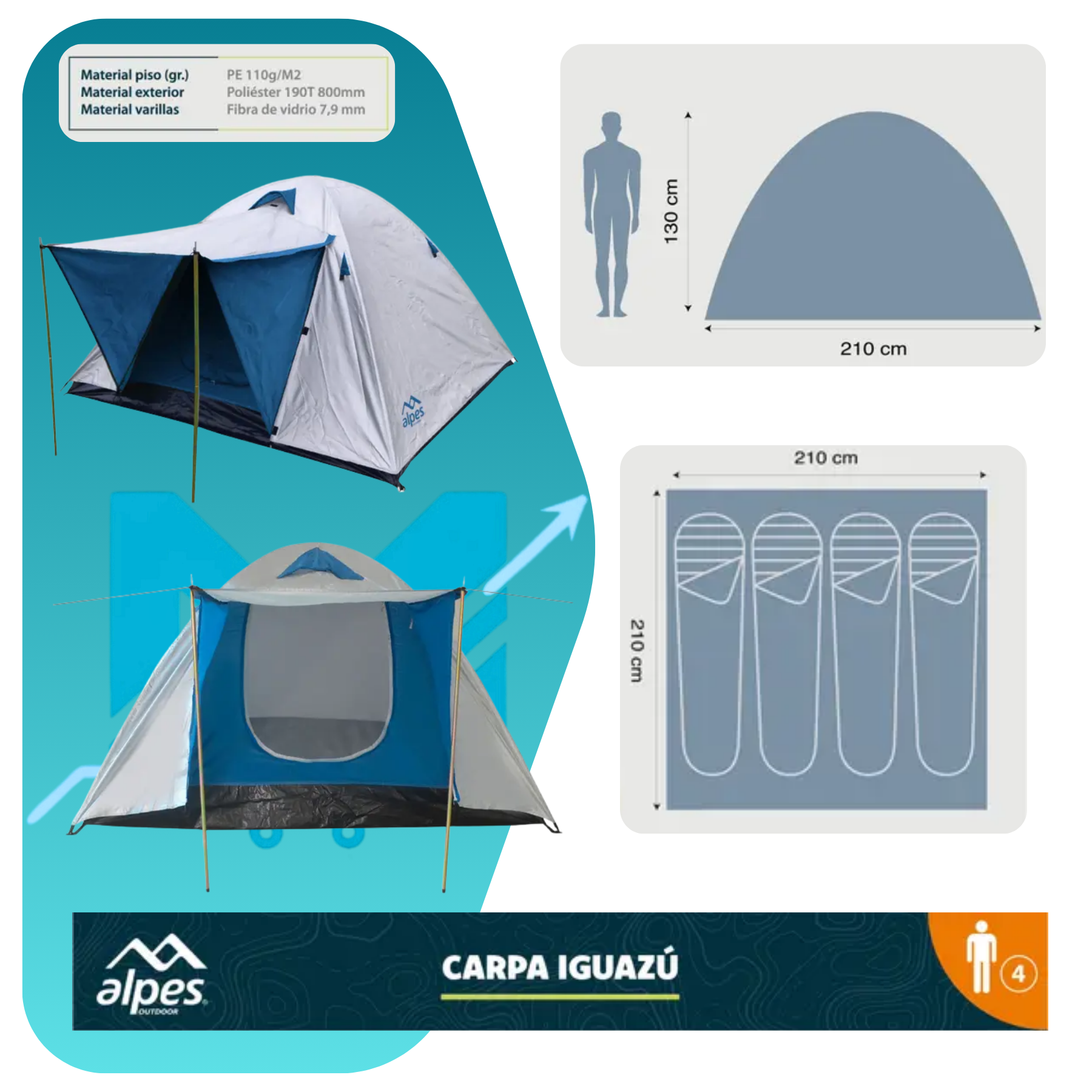 Carpa Alpes 4p Iguazú + Colchón 2pl + Inflador + 2 Almohadas Azul-2
