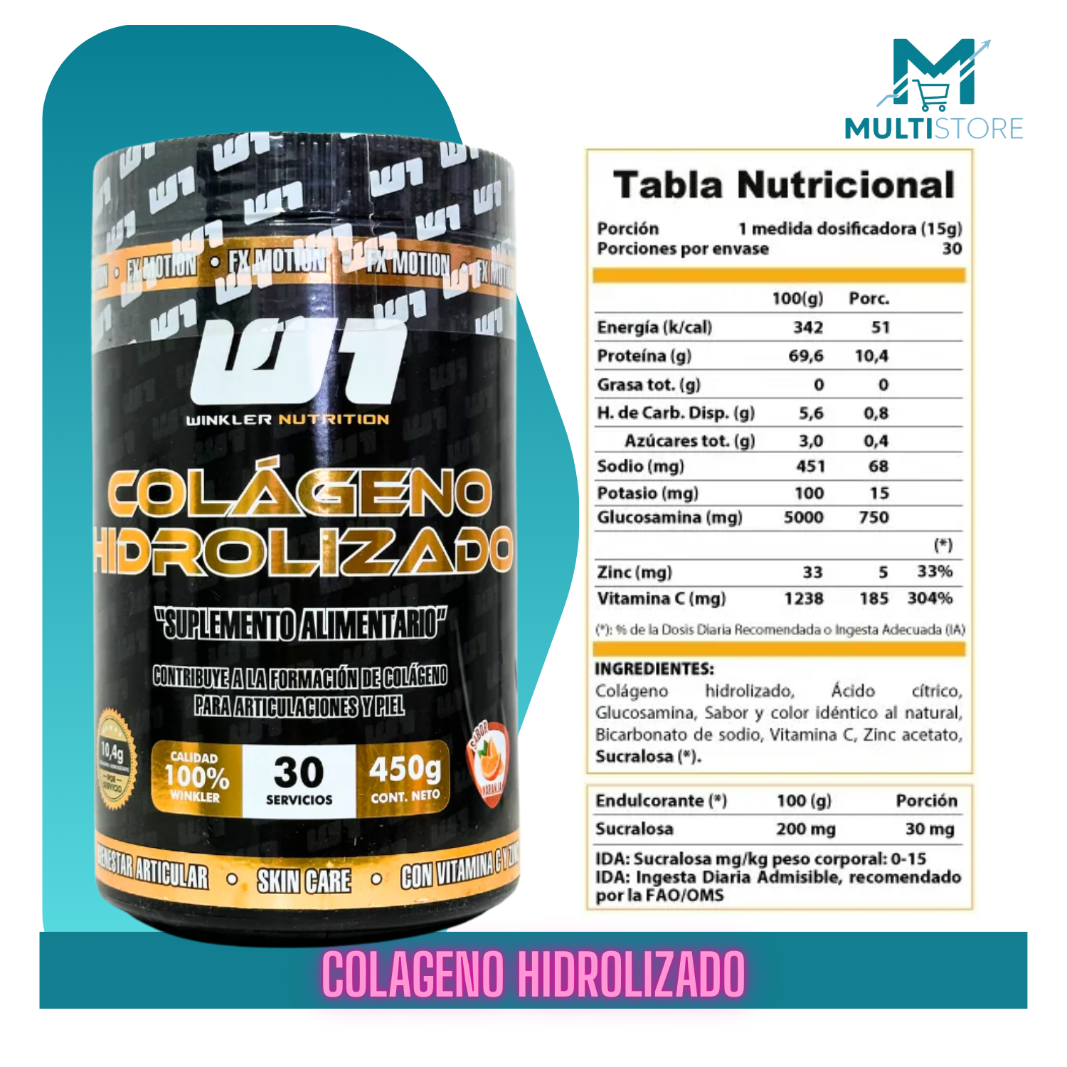 Colageno Hidrolizado Winkler 450g Sabor Naranja 30 Serv.-5