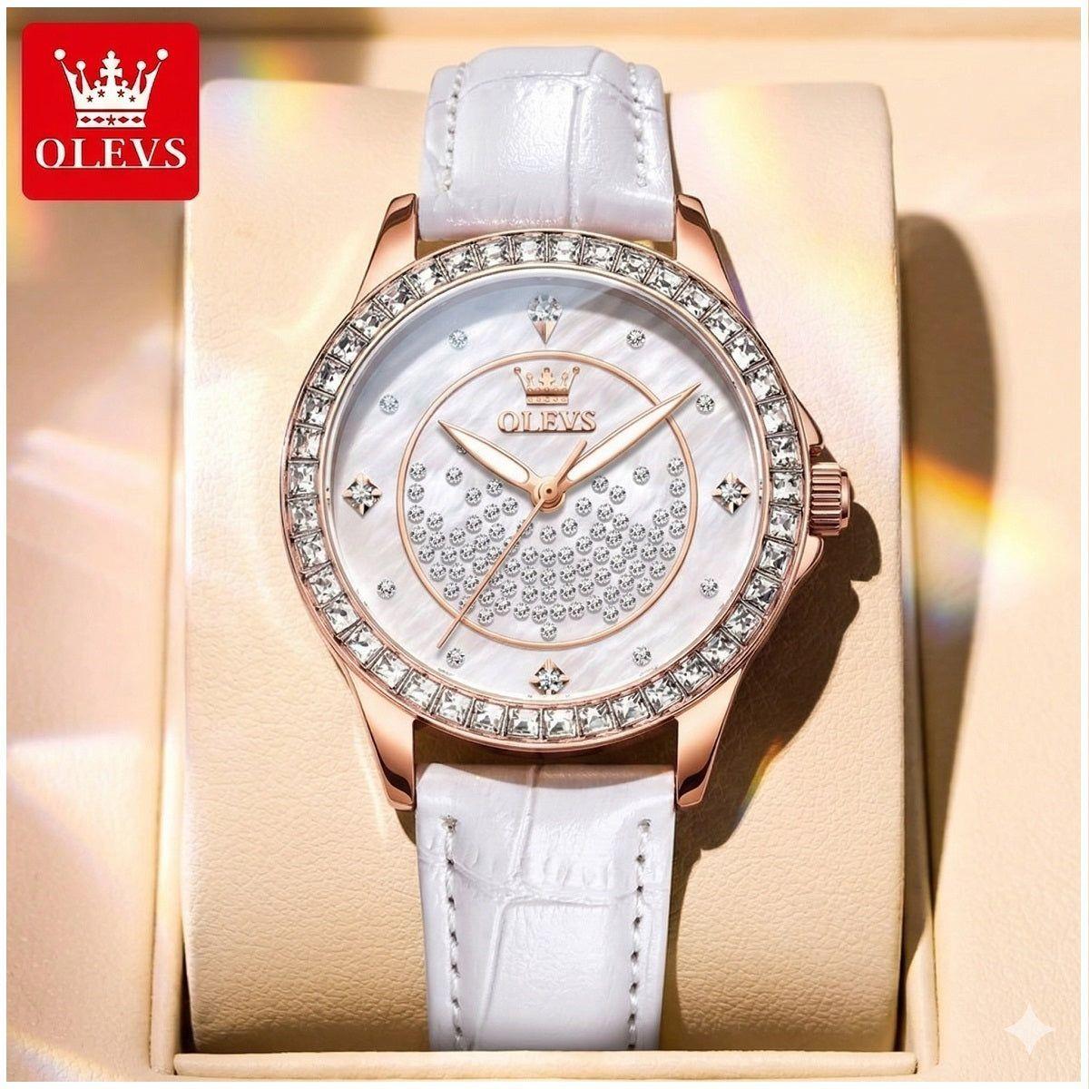 Reloj femenino Elegante de Cuarzo Cristales Decorativos Correa Blanca Texturizada-4